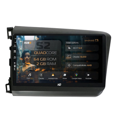 Navigatie HUB64 Honda Civic (2012-2015), 2GB RAM, Android, GPS, Wi-FI, Carplay, Android Auto, USB, Bluetooth, Radio, Waze, Touchscreen, 9 inch