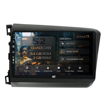Navigatie HUB64 Honda Civic (2012-2015), 2GB RAM, Android, GPS, Wi-FI, Carplay, Android Auto, USB, Bluetooth, Radio, Waze, Touchscreen, 9 inch