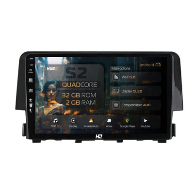Navigatie HUB64 Honda Civic X / Sedan (2015-2021), 2GB RAM, Android, GPS, Wi-FI, Carplay, Android Auto, USB, Bluetooth, Radio, Waze, Touchscreen, 9 Inch