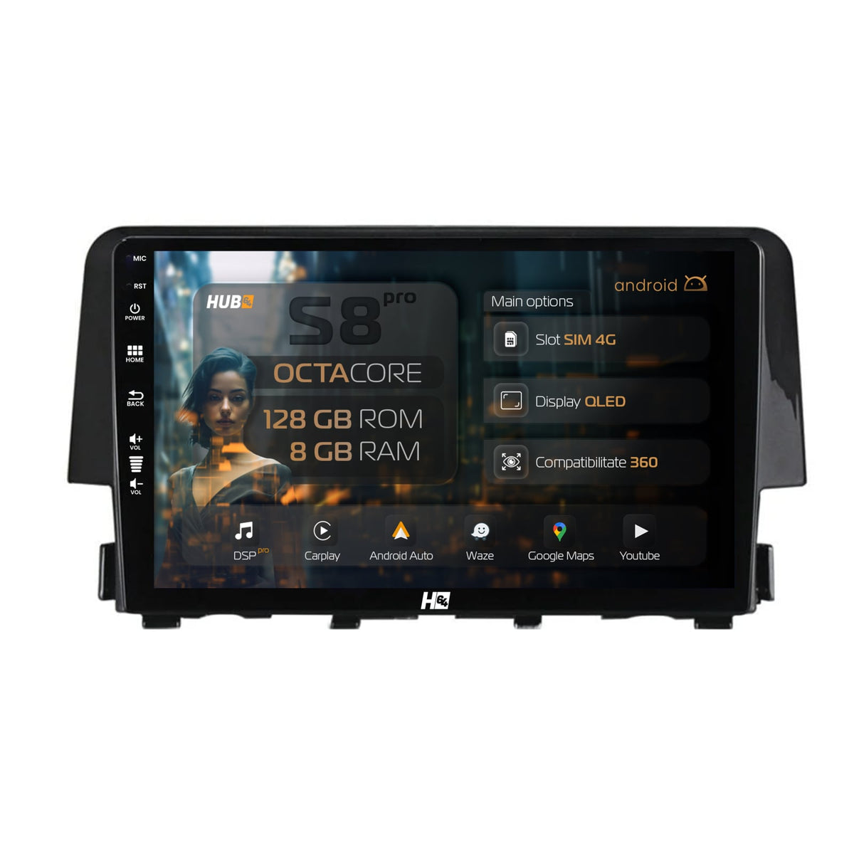 Navigatie HUB64 Honda Civic X / Sedan (2015-2021), 8GB RAM, Android, Octacore, Slot Sim 4G, DSP, GPS, Wi-FI, Carplay, Android Auto, USB, Bluetooth, Waze, Touchscreen, 9 Inch