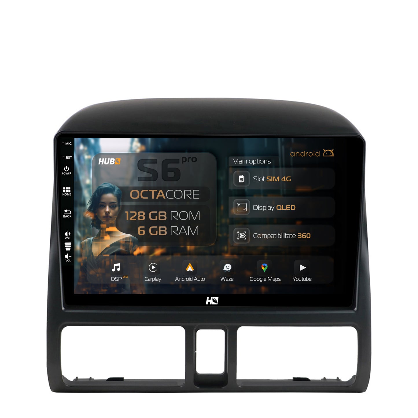 Navigatie HUB64 Honda CR-V (1998-2005), 6GB RAM, Android, Octacore, Slot Sim 4G, DSP, GPS, Wi-FI, Carplay, Android Auto, USB, Bluetooth, Waze, Touchscreen, 9 Inch