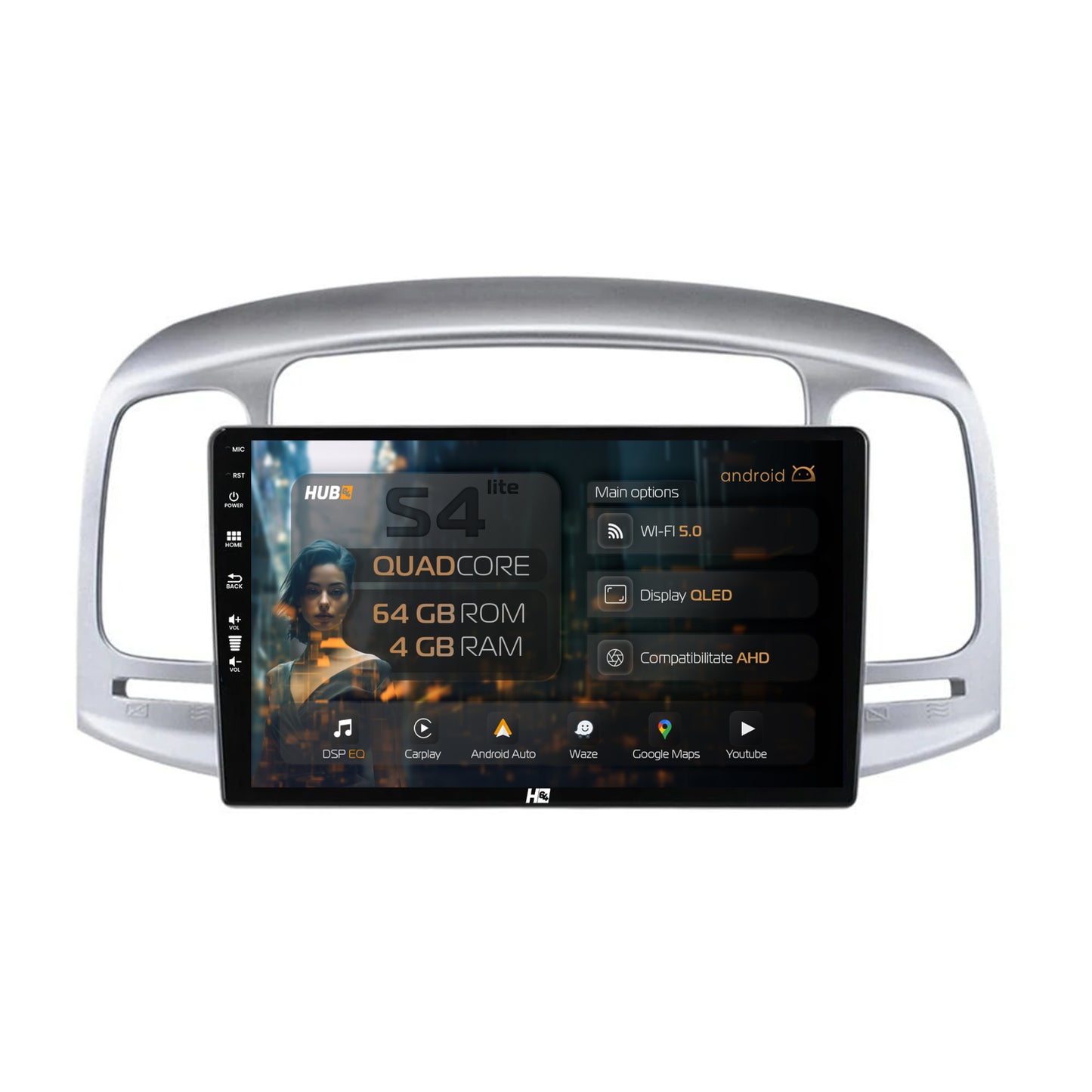 Navigatie HUB64 Hyundai Accent (2006-2011), 4GB RAM, Android, Quadcore, DSP, GPS, Wi-FI, Carplay, Android Auto, USB, Bluetooth, Waze, Touchscreen, 9 inch