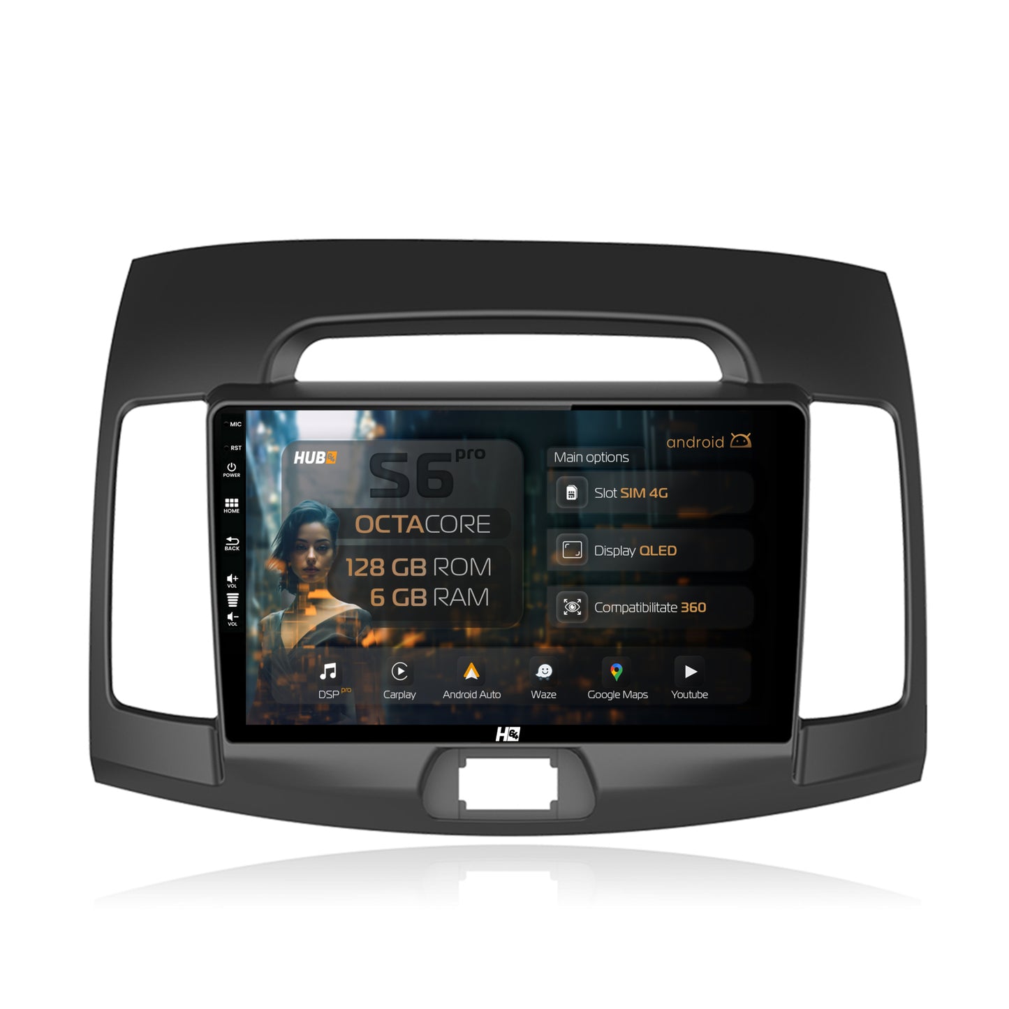 Navigatie HUB64 Hyundai Elantra (2006-2011), 6GB RAM, Android, Octacore, Slot Sim 4G, DSP, GPS, Wi-FI, Carplay, Android Auto, USB, Bluetooth, Waze, Touchscreen, 9 Inch