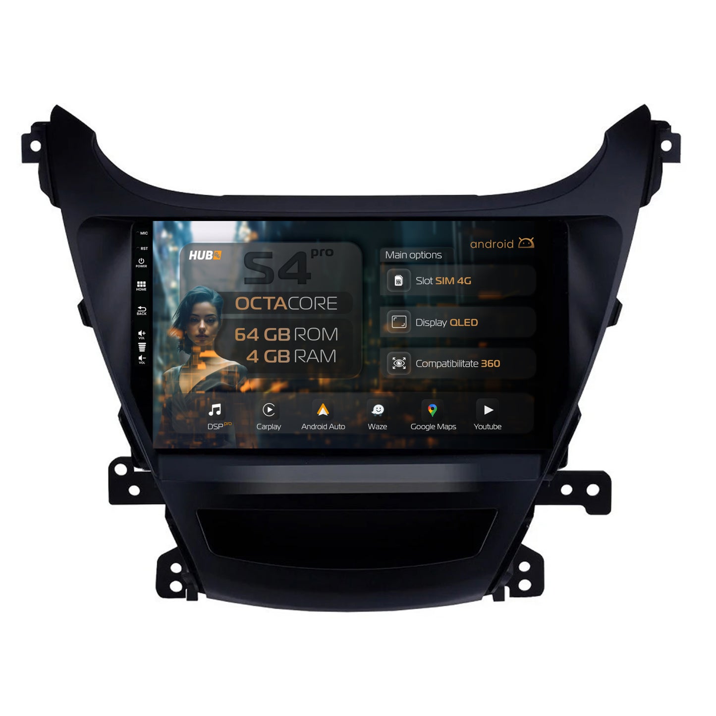Navigatie HUB64 Hyundai Elantra (2012-2014), 4GB RAM, Android, Octacore, Slot Sim 4G, DSP, GPS, Wi-FI, Carplay, Android Auto, USB, Bluetooth, Waze, Touchscreen, 9Inch