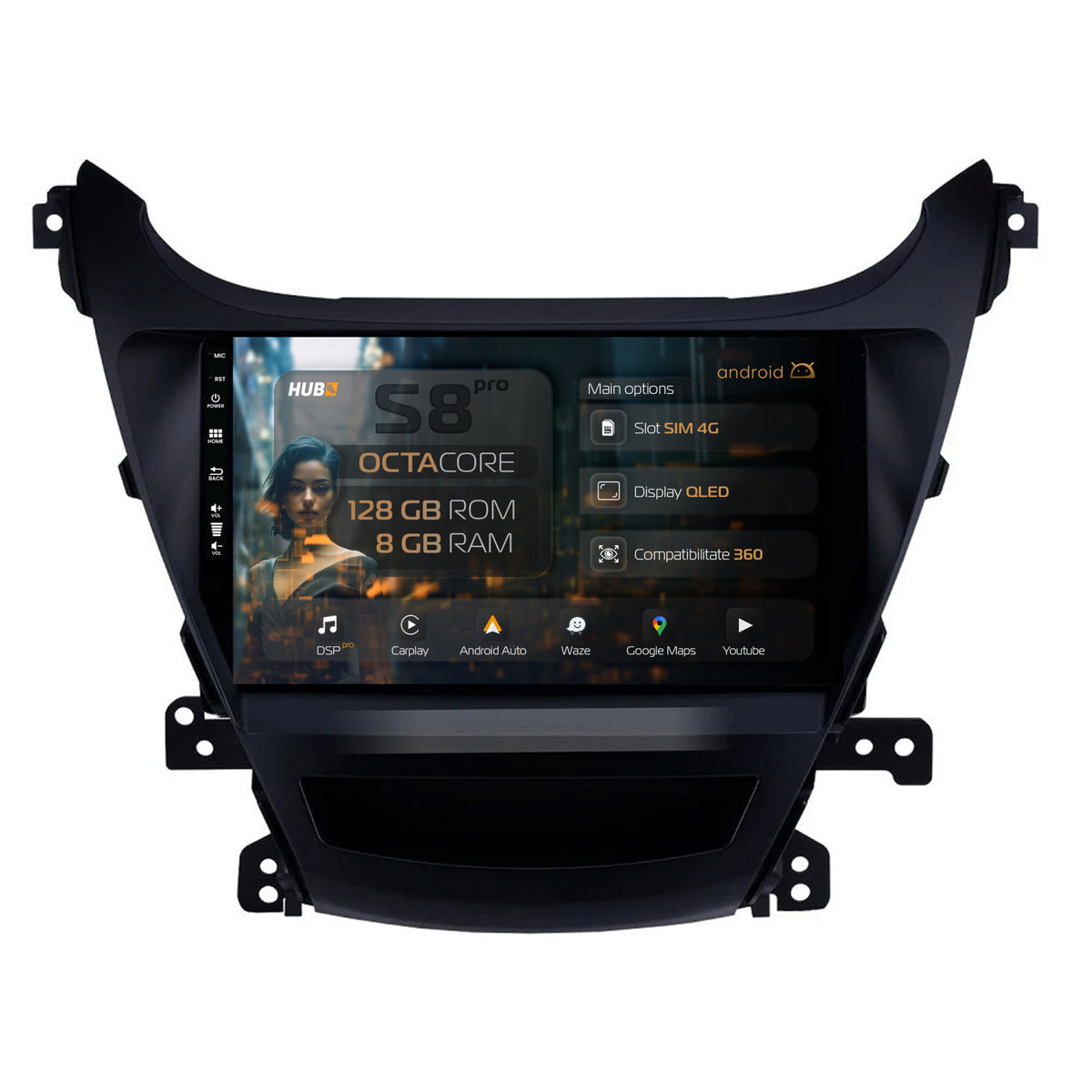 Navigatie HUB64 Hyundai Elantra (2012-2014), 8GB RAM, Android, Octacore, Slot Sim 4G, DSP, GPS, Wi-FI, Carplay, Android Auto, USB, Bluetooth, Waze, Touchscreen, 9Inch