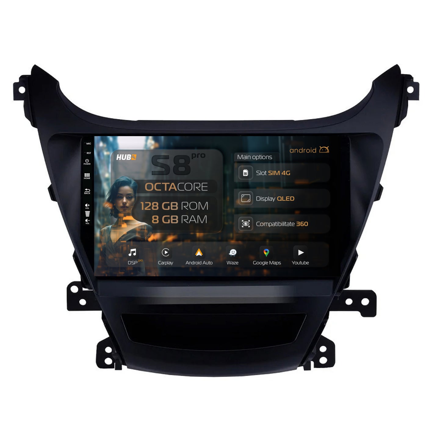 Navigatie HUB64 Hyundai Elantra (2012-2014), 8GB RAM, Android, Octacore, Slot Sim 4G, DSP, GPS, Wi-FI, Carplay, Android Auto, USB, Bluetooth, Waze, Touchscreen, 9Inch