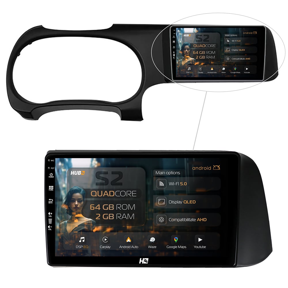 Navigatie HUB64 Hyundai I10 (2020+), 2GB RAM, Android, GPS, Wi-FI, Carplay, Android Auto, USB, Bluetooth, Radio, Waze, Touchscreen, 9 inch
