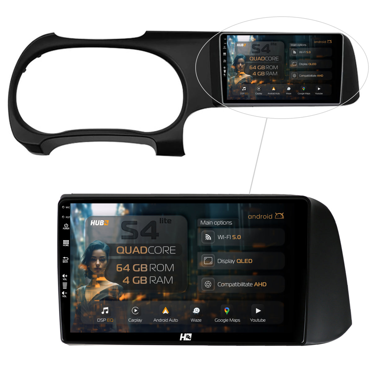 Navigatie HUB64 Hyundai I10 (2020+), 4GB RAM, Android, Quadcore, DSP, GPS, Wi-FI, Carplay, Android Auto, USB, Bluetooth, Waze, Touchscreen, 9 inch