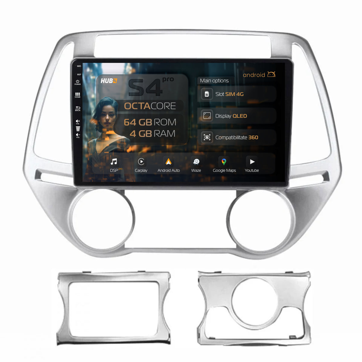 Navigatie HUB64 Hyundai I20 (2012-2014), 4GB RAM, Android, Octacore, Slot Sim 4G, DSP, GPS, Wi-FI, Carplay, Android Auto, USB, Bluetooth, Waze, Touchscreen, 9 inch