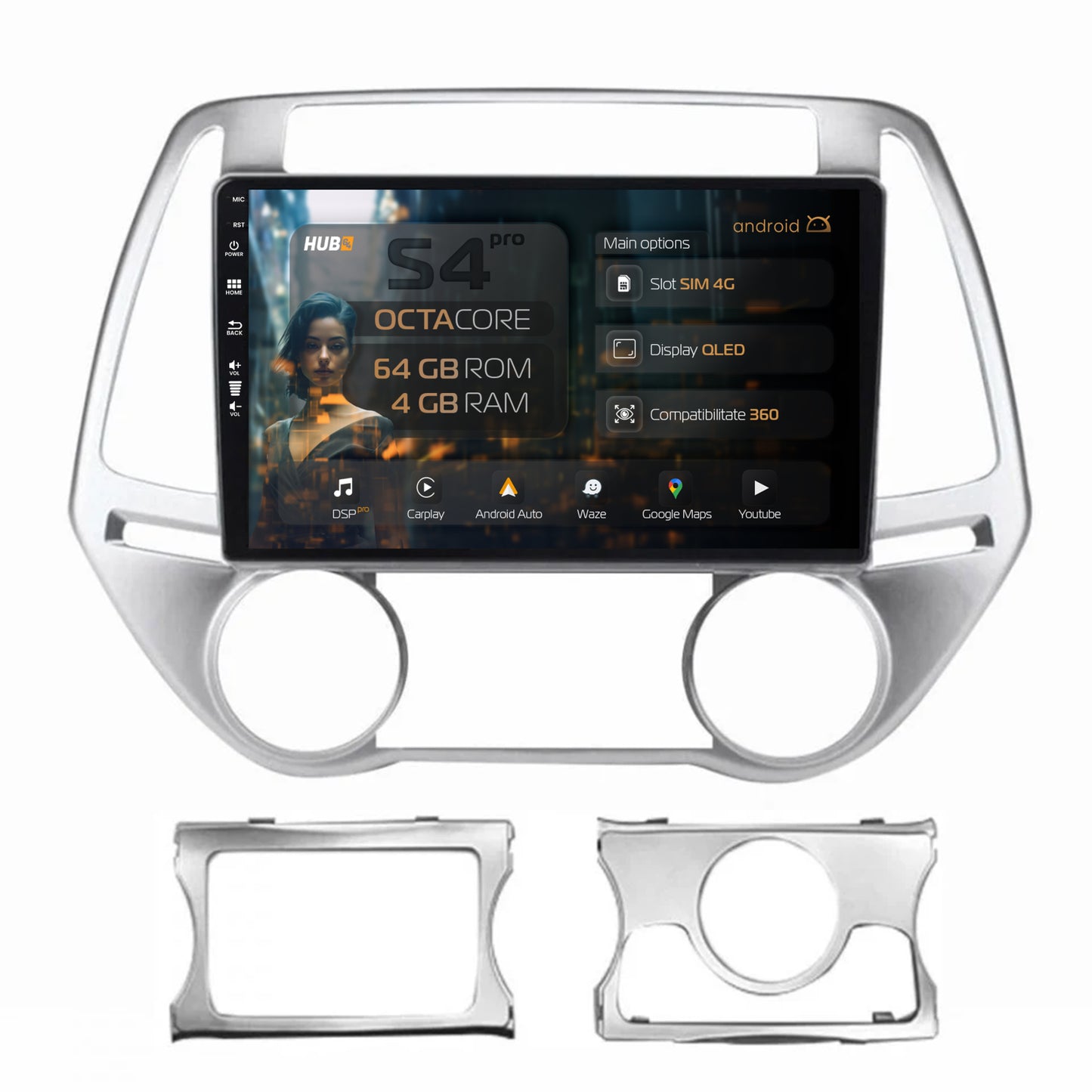 Navigatie HUB64 Hyundai I20 (2012-2014), 4GB RAM, Android, Octacore, Slot Sim 4G, DSP, GPS, Wi-FI, Carplay, Android Auto, USB, Bluetooth, Waze, Touchscreen, 9 inch