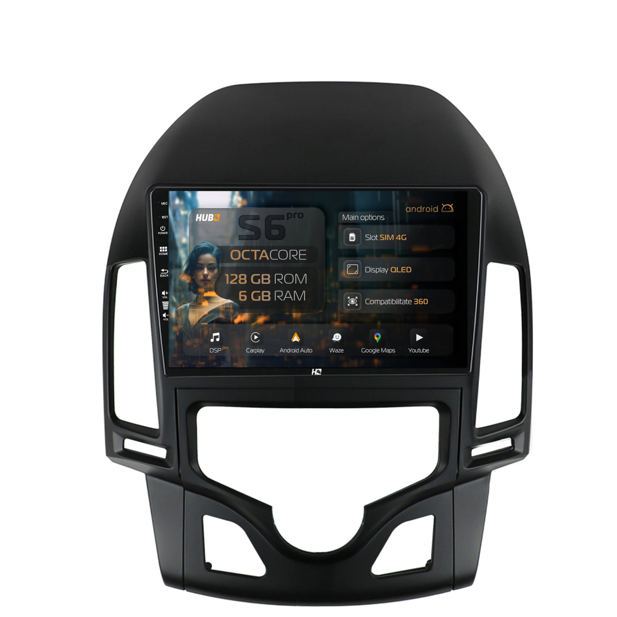 Navigatie HUB64 Hyundai I30 (2007-2012), Clima Automata, 6GB RAM, Android, Octacore, Slot Sim 4G, DSP, GPS, Wi-FI, Carplay, Android Auto, USB, Bluetooth, Waze, Touchscreen, 9 Inch