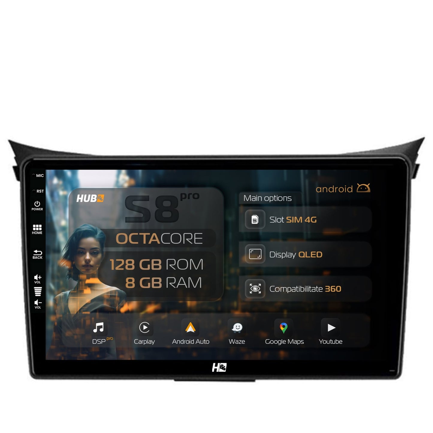 Navigatie HUB64 Hyundai I30 (2012-2016), 8GB RAM, Android, Octacore, Slot Sim 4G, DSP, GPS, Wi-FI, Carplay, Android Auto, USB, Bluetooth, Waze, Touchscreen, 9 Inch