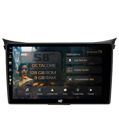 Navigatie HUB64 Hyundai I30 (2012-2016), 8GB RAM, Android, Octacore, Slot Sim 4G, DSP, GPS, Wi-FI, Carplay, Android Auto, USB, Bluetooth, Waze, Touchscreen, 9 Inch