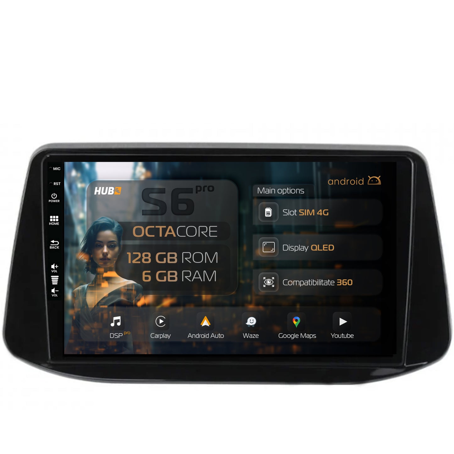 Navigatie HUB64 Hyundai I30 (2017-Prezent), 6GB RAM, Android, Octacore, Slot Sim 4G, DSP, GPS, Wi-FI, Carplay, Android Auto, USB, Bluetooth, Waze, Touchscreen, 9 Inch