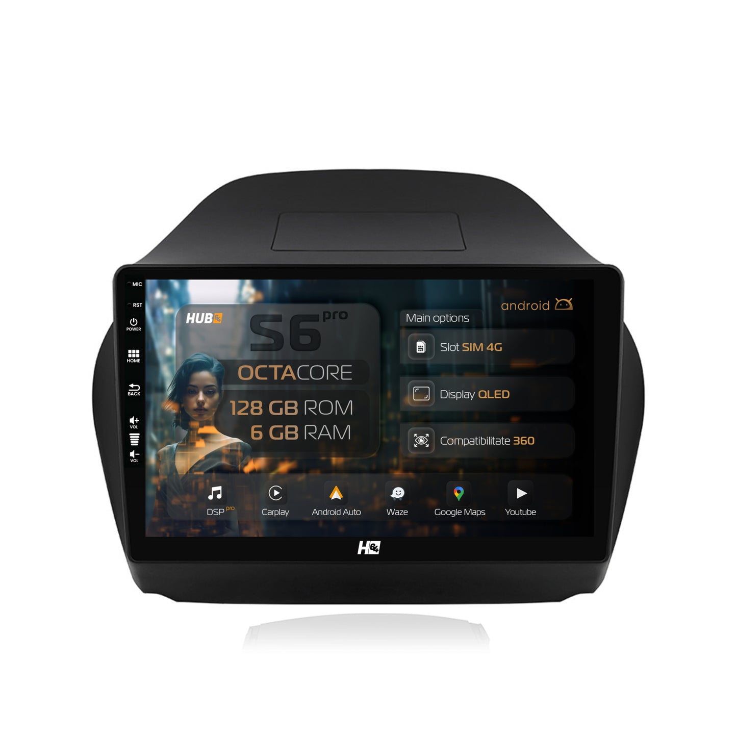 Navigatie HUB64 Hyundai IX35 (2009-2015), 6GB RAM, Android, Octacore, Slot Sim 4G, DSP, GPS, Wi-FI, Carplay, Android Auto, USB, Bluetooth, Waze, Touchscreen, 9 Inch