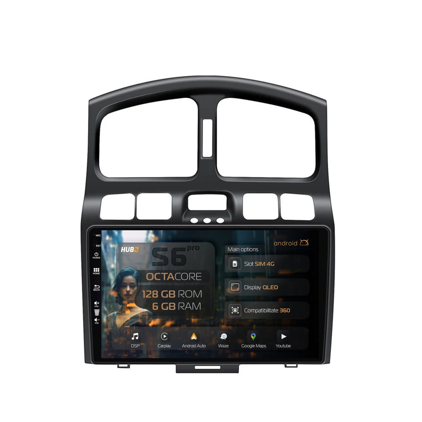 Navigatie HUB64 Hyundai Santa Fe (2001-2005), 6GB RAM, Android, Octacore, Slot Sim 4G, DSP, GPS, Wi-FI, Carplay, Android Auto, USB, Bluetooth, Waze, Touchscreen, 9 Inch