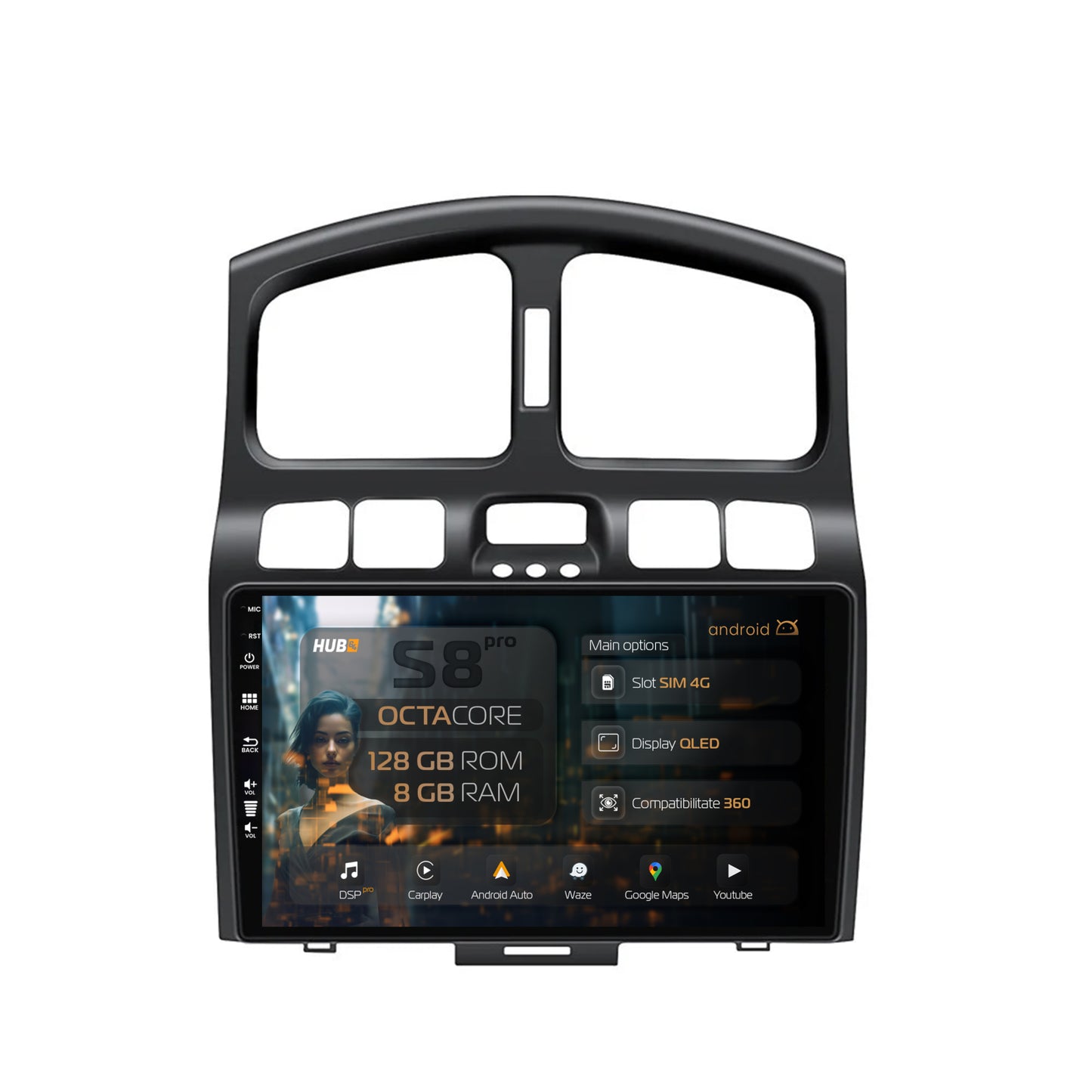 Navigatie HUB64 Hyundai Santa Fe (2001-2005), 8GB RAM, Android, Octacore, Slot Sim 4G, DSP, GPS, Wi-FI, Carplay, Android Auto, USB, Bluetooth, Waze, Touchscreen, 9 Inch