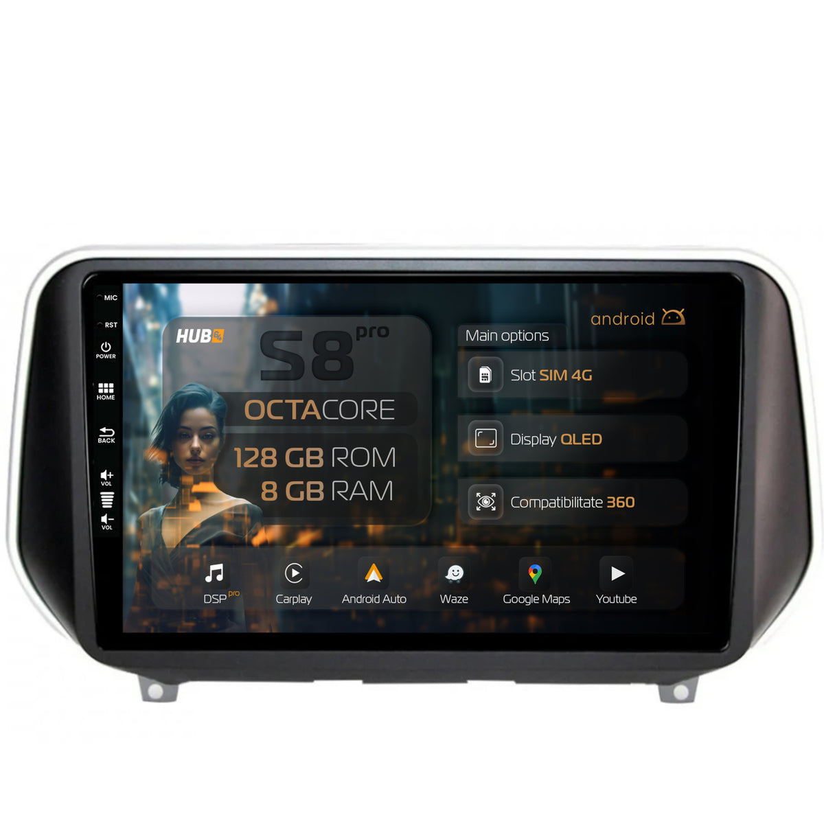 Navigatie HUB64 Hyundai Santa Fe (2018-Prezent), 8GB RAM, Android, Octacore, Slot Sim 4G, DSP, GPS, Wi-FI, Carplay, Android Auto, USB, Bluetooth, Waze, Touchscreen, 9 Inch