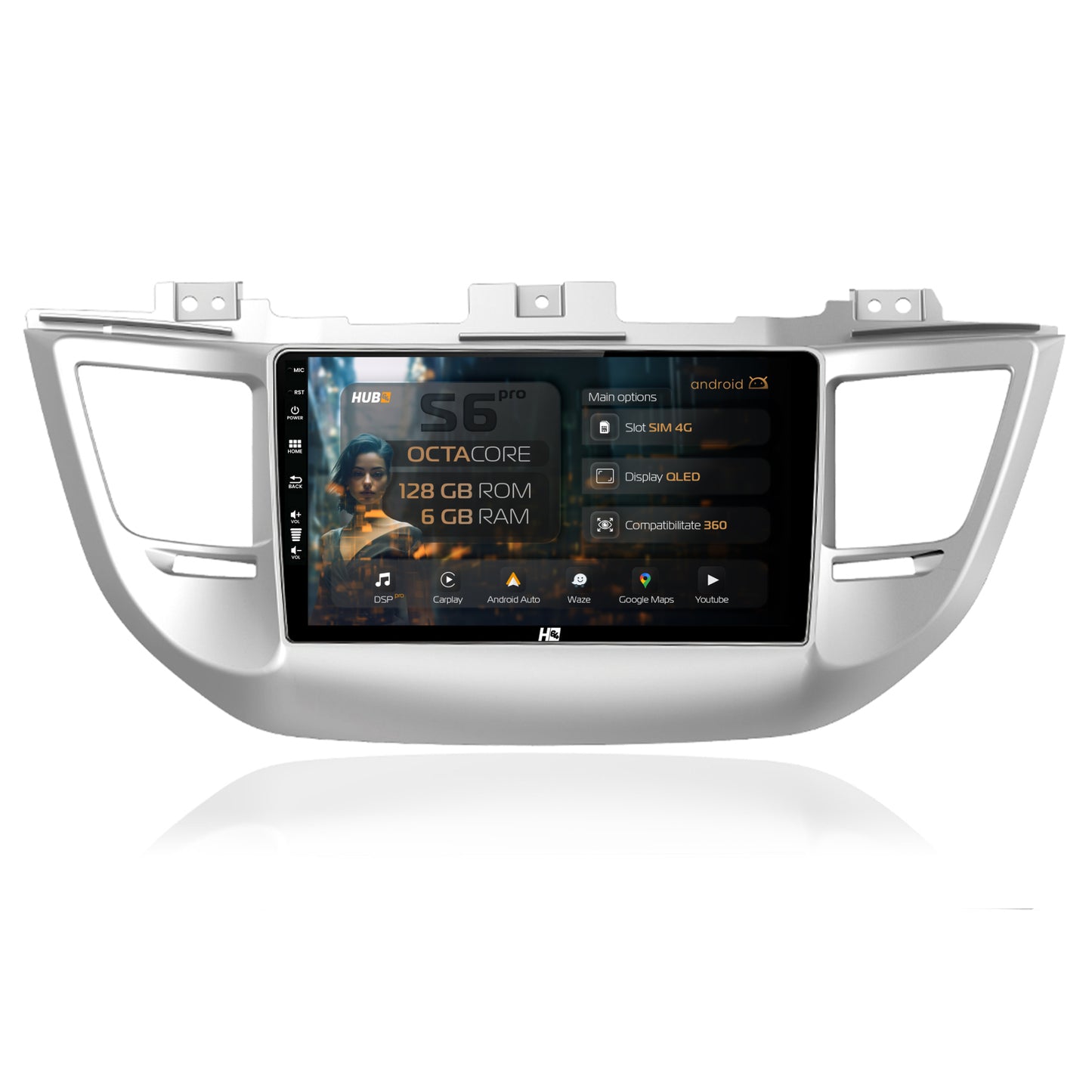 Navigatie HUB64 Hyundai Tucson 3 (2015-2018), 6GB RAM, Android, Octacore, Slot Sim 4G, DSP, GPS, Wi-FI, Carplay, Android Auto, USB, Bluetooth, Waze, Touchscreen, 9 Inch