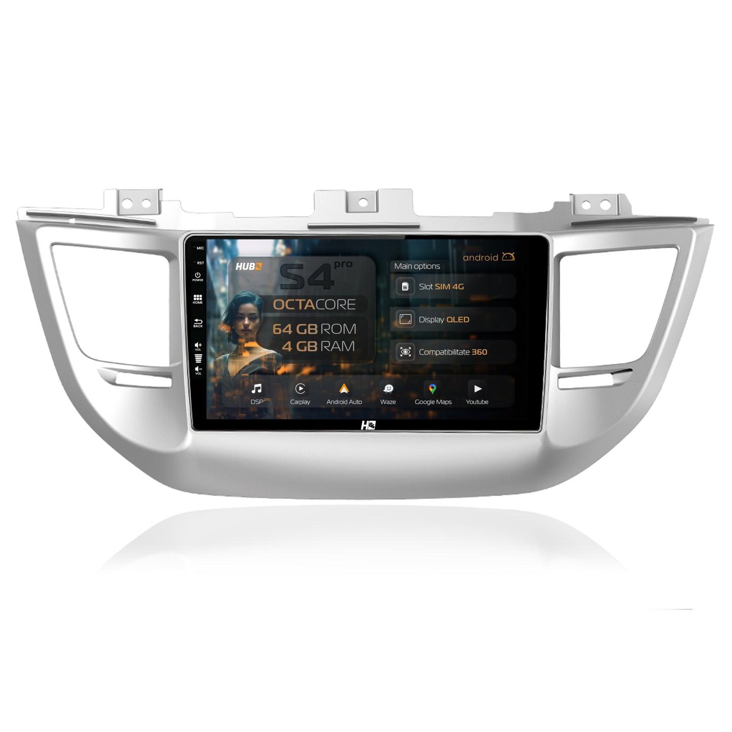 Navigatie HUB64 Hyundai Tucson 3 (2015-2019), 4GB RAM, Android, Octacore, Slot Sim 4G, DSP, GPS, Wi-FI, Carplay, Android Auto, USB, Bluetooth, Waze, Touchscreen, 9 inch