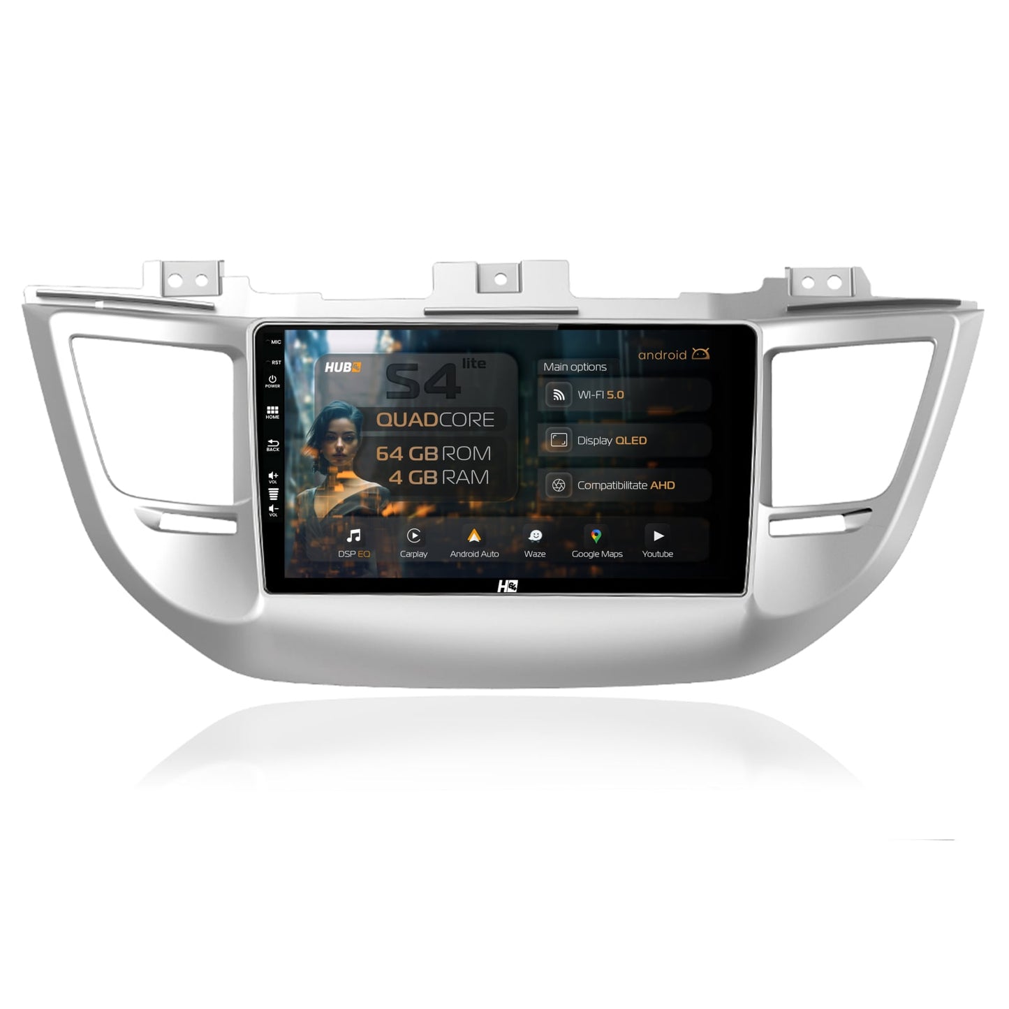 Navigatie HUB64 Hyundai Tucson 3 (2015-2019), 4GB RAM, Android, Quadcore, DSP, GPS, Wi-FI, Carplay, Android Auto, USB, Bluetooth, Waze, Touchscreen, 9 inch