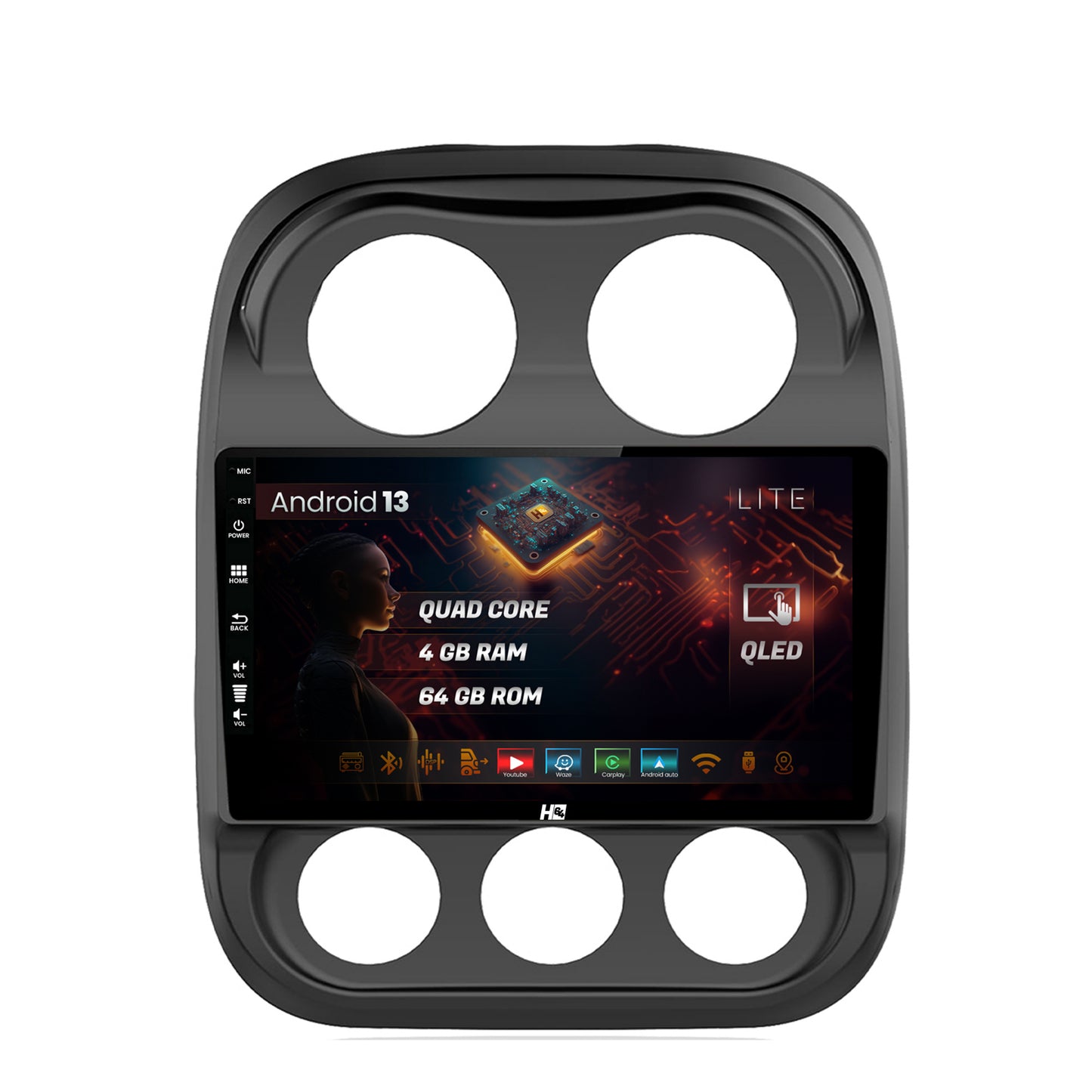 Navigatie HUB64 Jeep Compass (2016+), 4GB RAM, Android, Quadcore, DSP, GPS, Wi-FI, Carplay, Android Auto, USB, Bluetooth, Waze, Touchscreen, 10.1 Inch