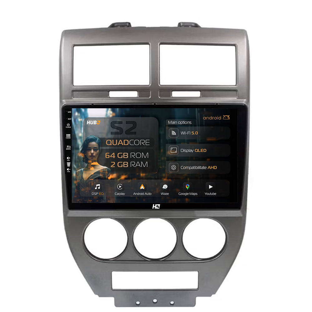 Navigatie HUB64 Jeep Compass/Patriot (2006-2010), 2GB RAM, Android, GPS, Wi-FI, Carplay, Android Auto, USB, Bluetooth, Radio, Waze, Touchscreen, 10.1 Inch