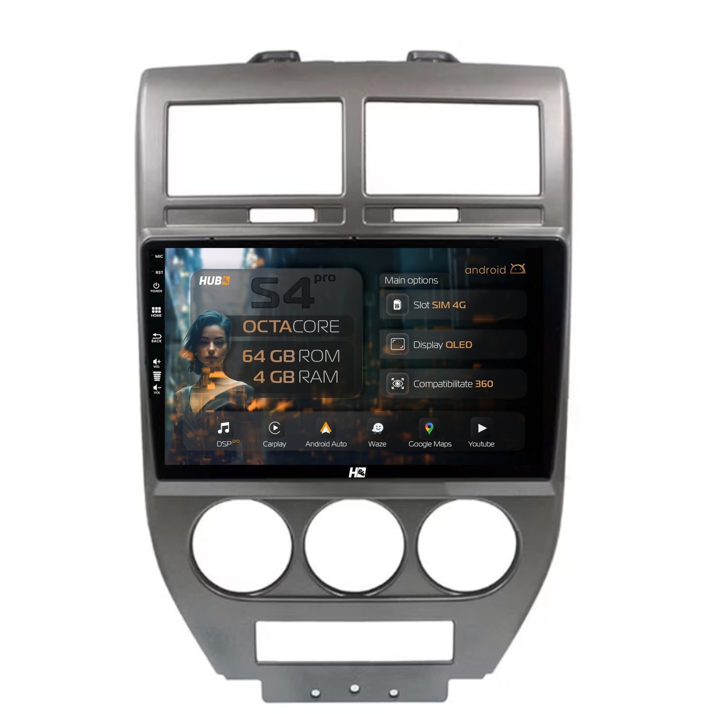 Navigatie HUB64 Jeep Compass/Patriot (2006-2010), 4GB RAM, Android, Octacore, Slot Sim 4G, DSP, GPS, Wi-FI, Carplay, Android Auto, USB, Bluetooth, Waze, Touchscreen, 9 inch