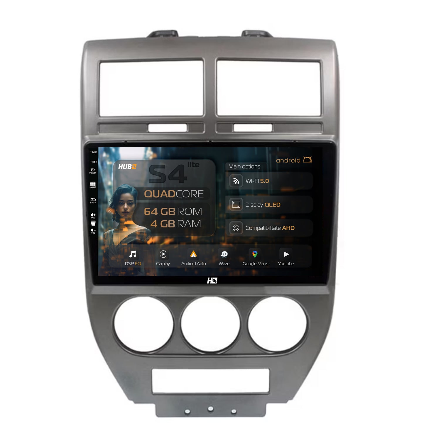 Navigatie HUB64 Jeep Compass/Patriot (2006-2010), 4GB RAM, Android, Quadcore, DSP, GPS, Wi-FI, Carplay, Android Auto, USB, Bluetooth, Waze, Touchscreen, 9 inch