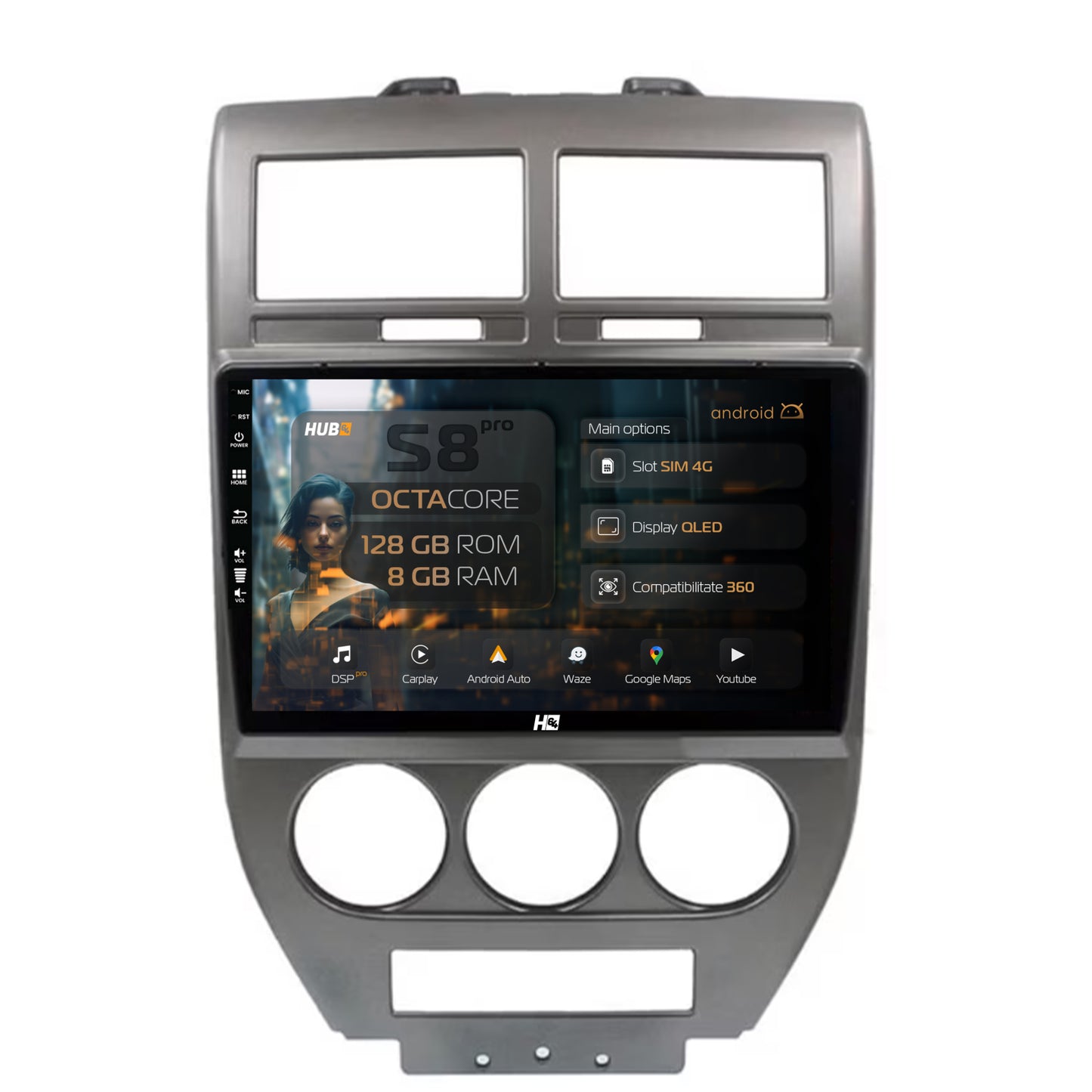 Navigatie HUB64 Jeep Compass/Patriot (2006-2010), 8GB RAM, Android, Octacore, Slot Sim 4G, DSP, GPS, Wi-FI, Carplay, Android Auto, USB, Bluetooth, Waze, Touchscreen, 10.1 Inch