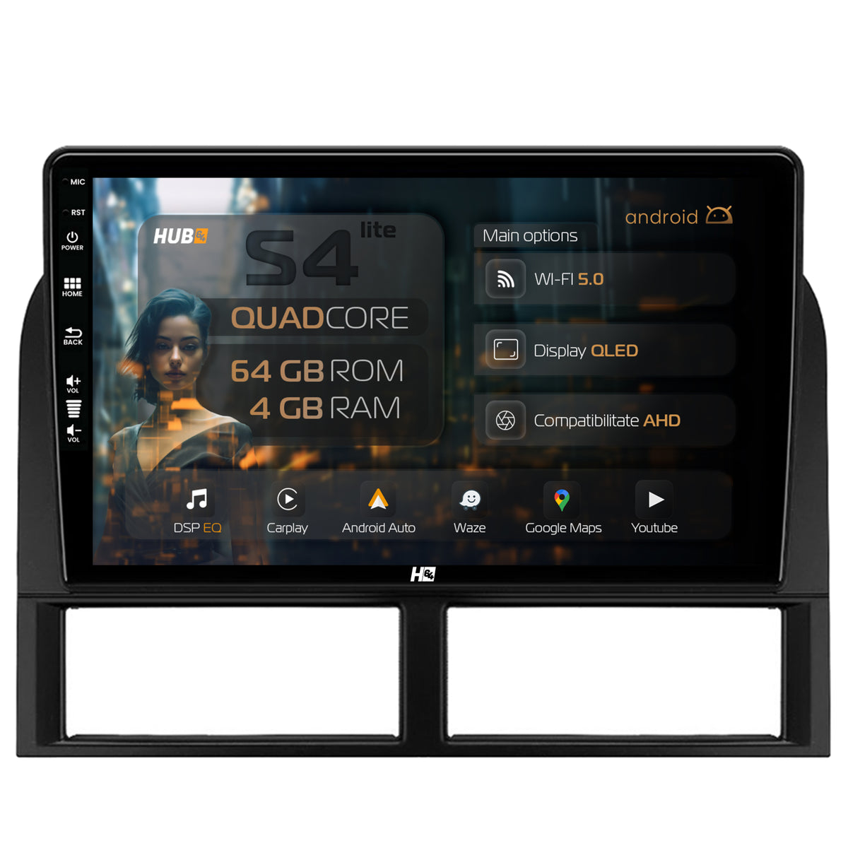 Navigatie HUB64 Jeep Grand Cherokee (1998-2004), 4GB RAM, Android, Quadcore, DSP, GPS, Wi-FI, Carplay, Android Auto, USB, Bluetooth, Waze, Touchscreen, 9 inch