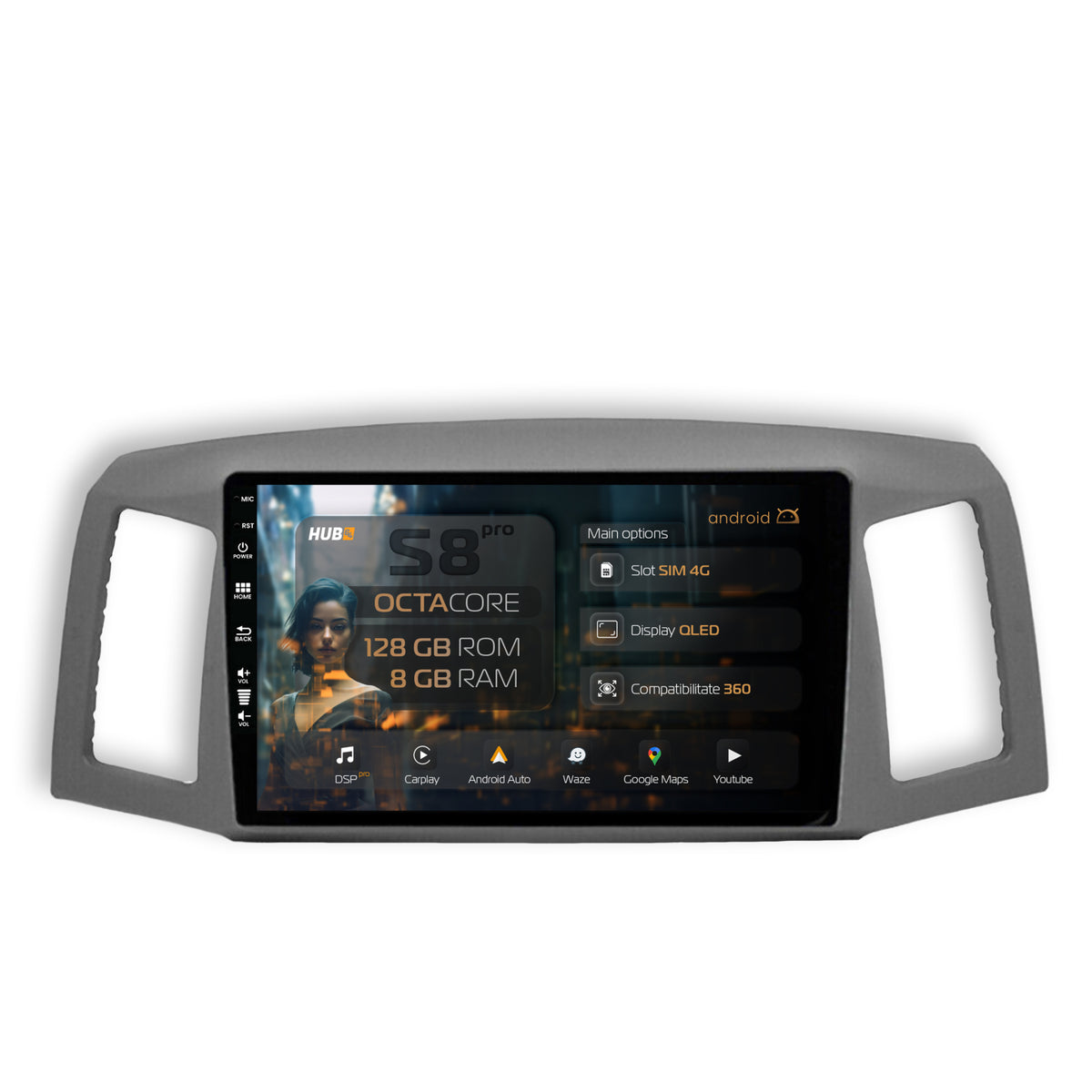 Navigatie HUB64 Jeep Grand Cherokee (2004-2007), 8GB RAM, Android, Octacore, Slot Sim 4G, DSP, GPS, Wi-FI, Carplay, Android Auto, USB, Bluetooth, Waze, Touchscreen, 9 Inch