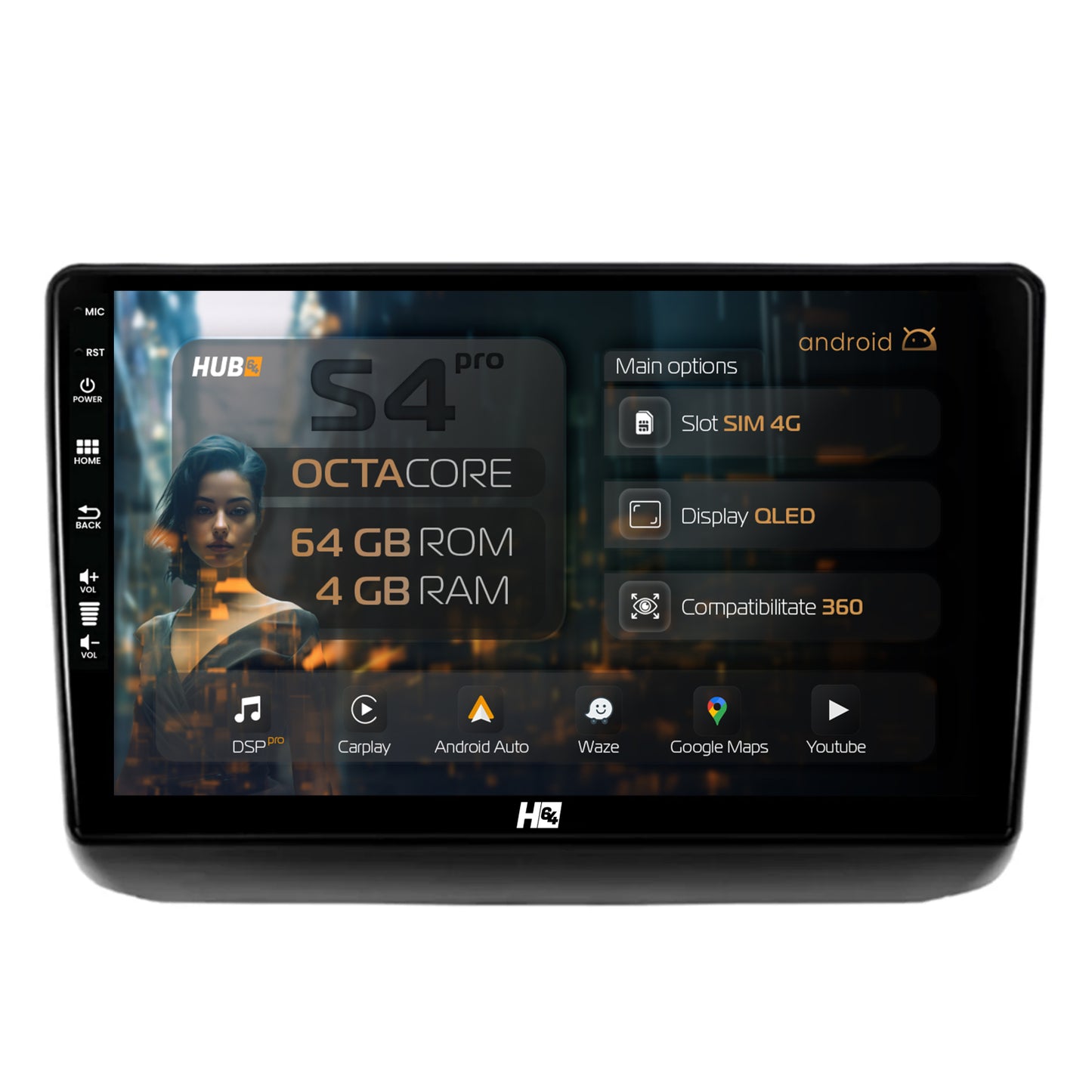 Navigatie HUB64 Jeep Grand Cherokee (2013-2020), 4GB RAM, Android, GPS, Wi-FI, Carplay, Android Auto, USB, Bluetooth, Radio, Waze, Touchscreen, 9 inch