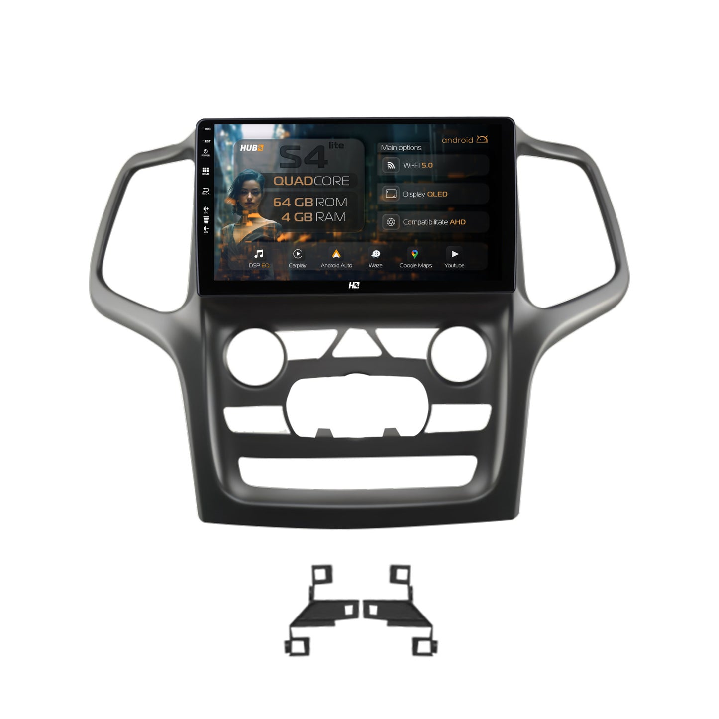 Navigatie HUB64 Jeep Grand Cherokee (2014-2022), 4GB RAM, Android, Quadcore, DSP, GPS, Wi-FI, Carplay, Android Auto, USB, Bluetooth, Waze, Touchscreen, 9 inch
