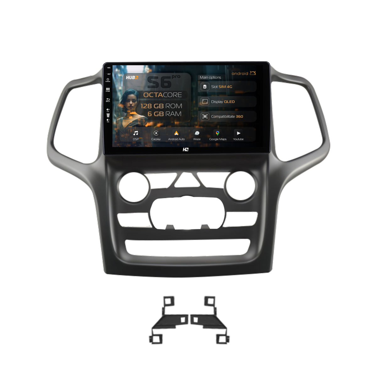 Navigatie HUB64 Jeep Grand Cherokee (2014-2022), 6GB RAM, Android, Octacore, Slot Sim 4G, DSP, GPS, Wi-FI, Carplay, Android Auto, USB, Bluetooth, Waze, Touchscreen, 9 Inch