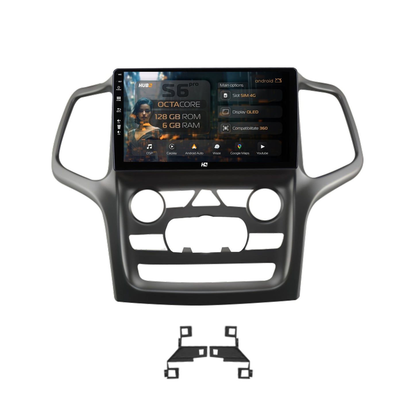 Navigatie HUB64 Jeep Grand Cherokee (2014-2022), 6GB RAM, Android, Octacore, Slot Sim 4G, DSP, GPS, Wi-FI, Carplay, Android Auto, USB, Bluetooth, Waze, Touchscreen, 9 Inch