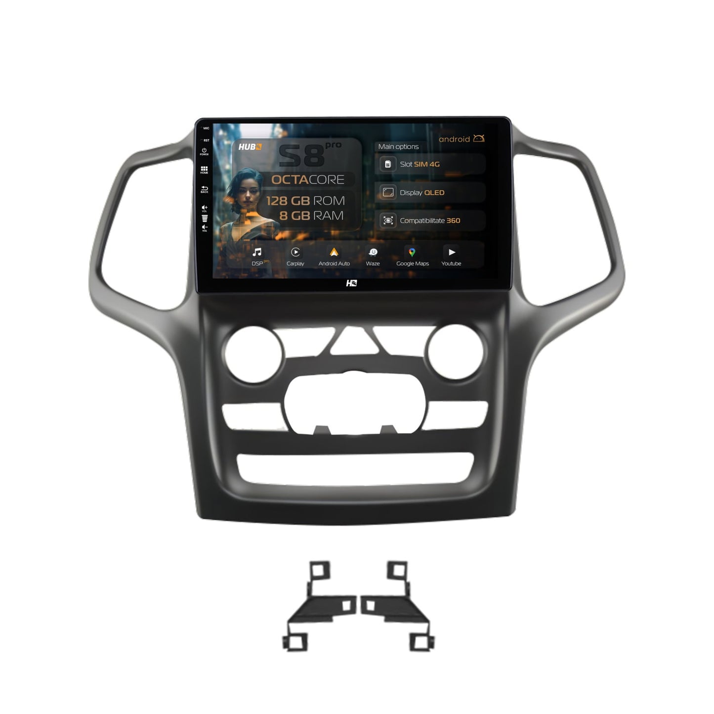 Navigatie HUB64 Jeep Grand Cherokee (2014-2022), 8GB RAM, Android, Octacore, Slot Sim 4G, DSP, GPS, Wi-FI, Carplay, Android Auto, USB, Bluetooth, Waze, Touchscreen, 9 Inch