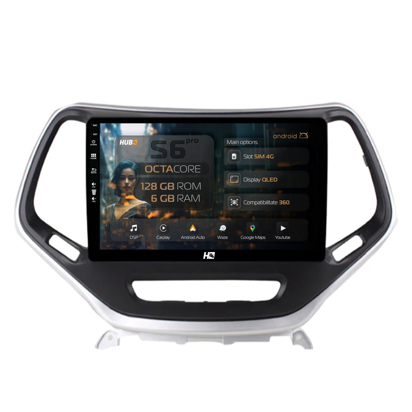 Navigatie HUB64 Jeep Grand Cherokee (2015+), 6GB RAM, Android, Octacore, Slot Sim 4G, DSP, GPS, Wi-FI, Carplay, Android Auto, USB, Bluetooth, Waze, Touchscreen, 10.1 Inch