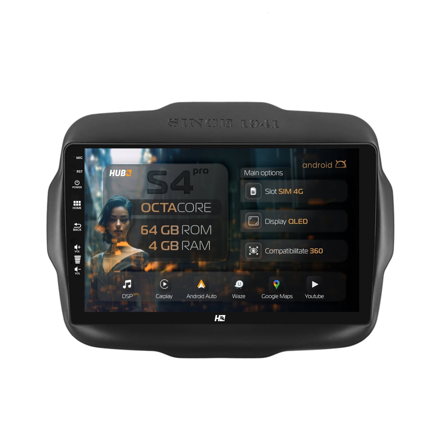 Navigatie HUB64 Jeep Renegade (2014-2018), 4GB RAM, Android, Octacore, Slot Sim 4G, DSP, GPS, Wi-FI, Carplay, Android Auto, USB, Bluetooth, Waze, Touchscreen, 9 inch