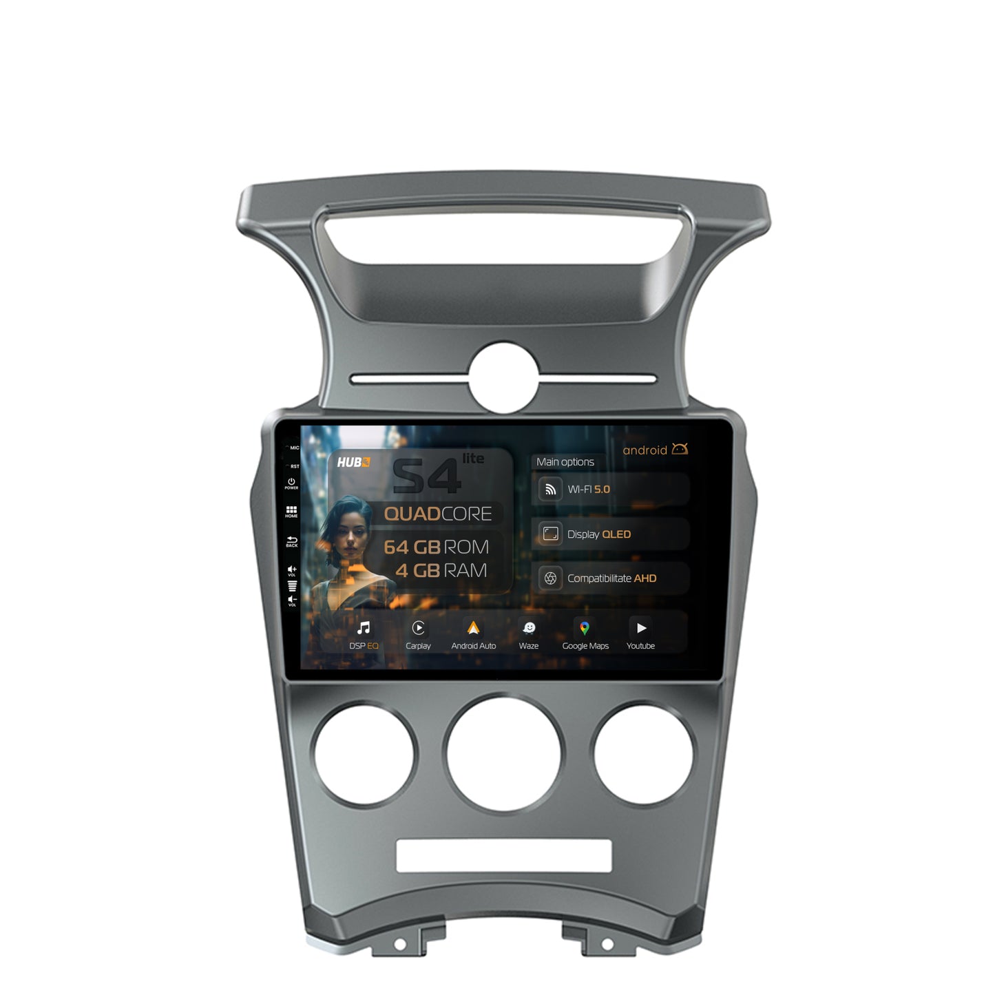 Navigatie HUB64 Kia Carens (2007-2011), 4GB RAM, Android, Quadcore, DSP, GPS, Wi-FI, Carplay, Android Auto, USB, Bluetooth, Waze, Touchscreen, 9 inch