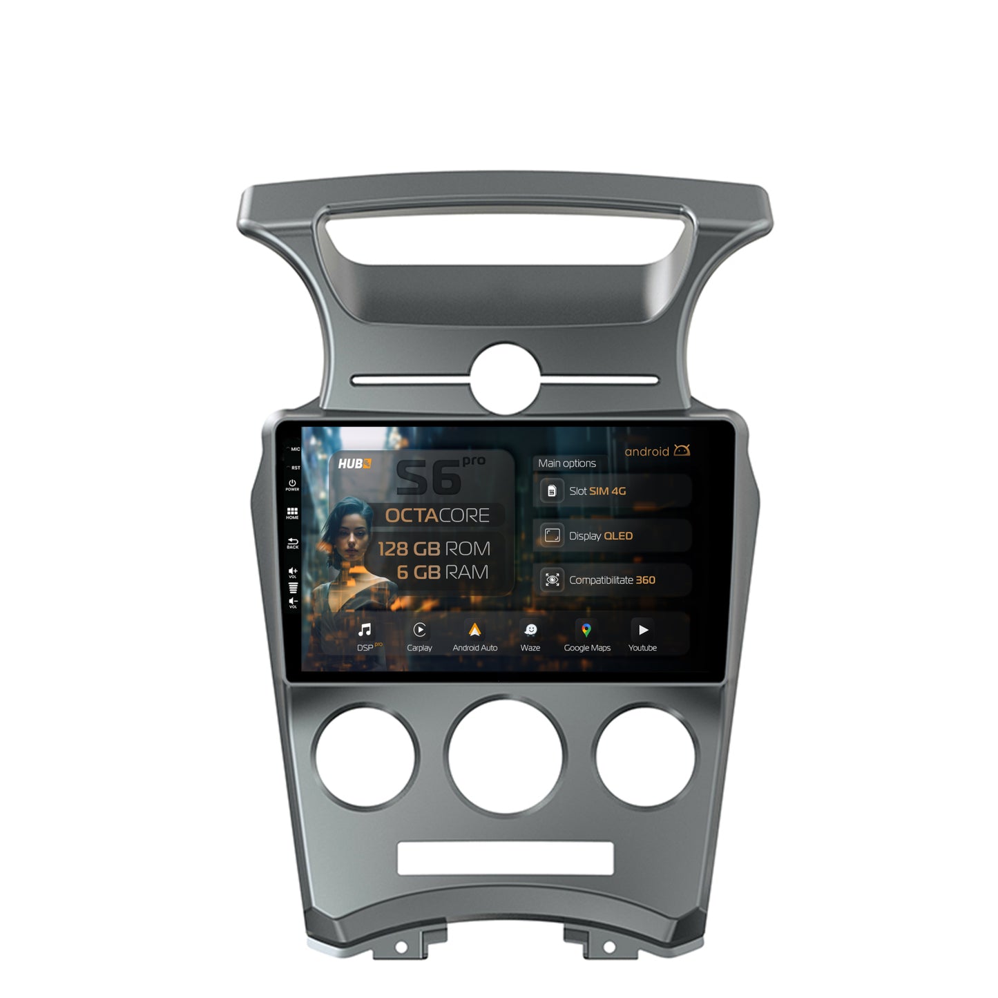 Navigatie HUB64 Kia Carens (2007-2011), 6GB RAM, Android, Octacore, Slot Sim 4G, DSP, GPS, Wi-FI, Carplay, Android Auto, USB, Bluetooth, Waze, Touchscreen, 9 inch