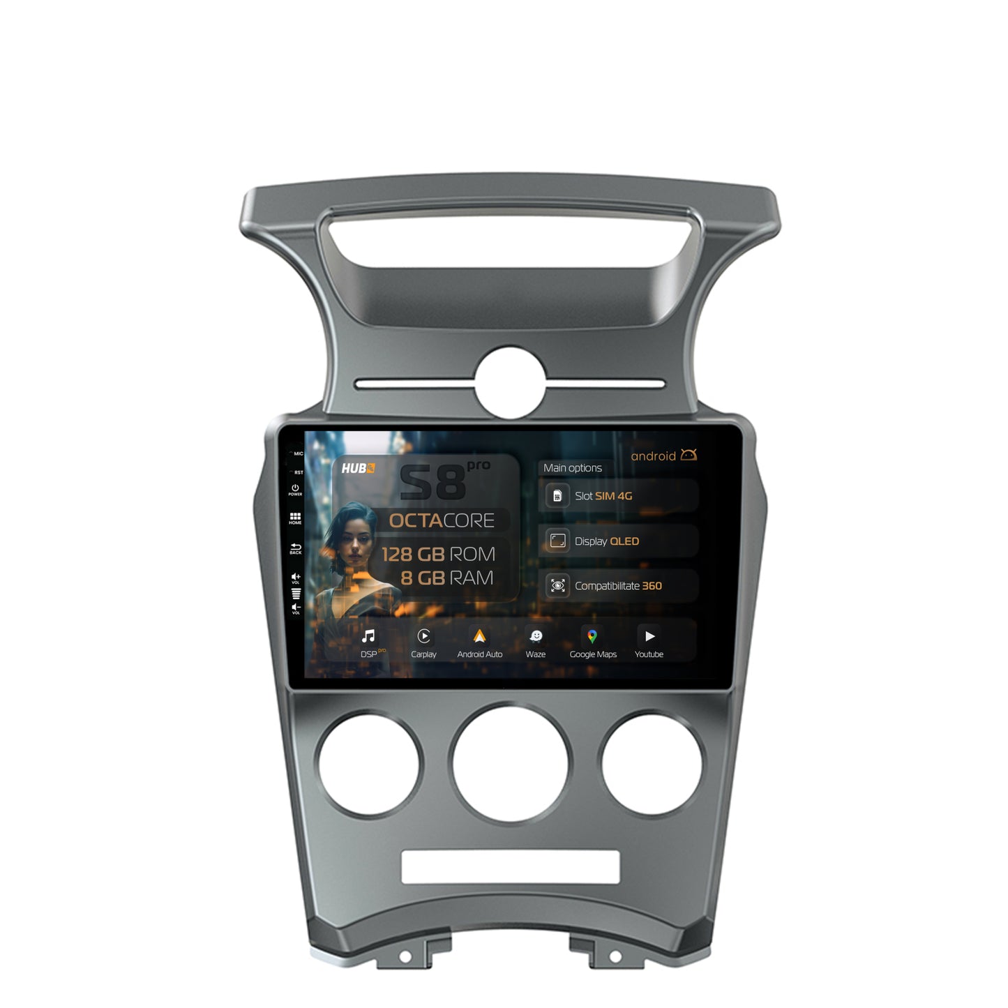 Navigatie HUB64 Kia Carens (2007-2011), 8GB RAM, Android, Octacore, Slot Sim 4G, DSP, GPS, Wi-FI, Carplay, Android Auto, USB, Bluetooth, Waze, Touchscreen, 9 Inch
