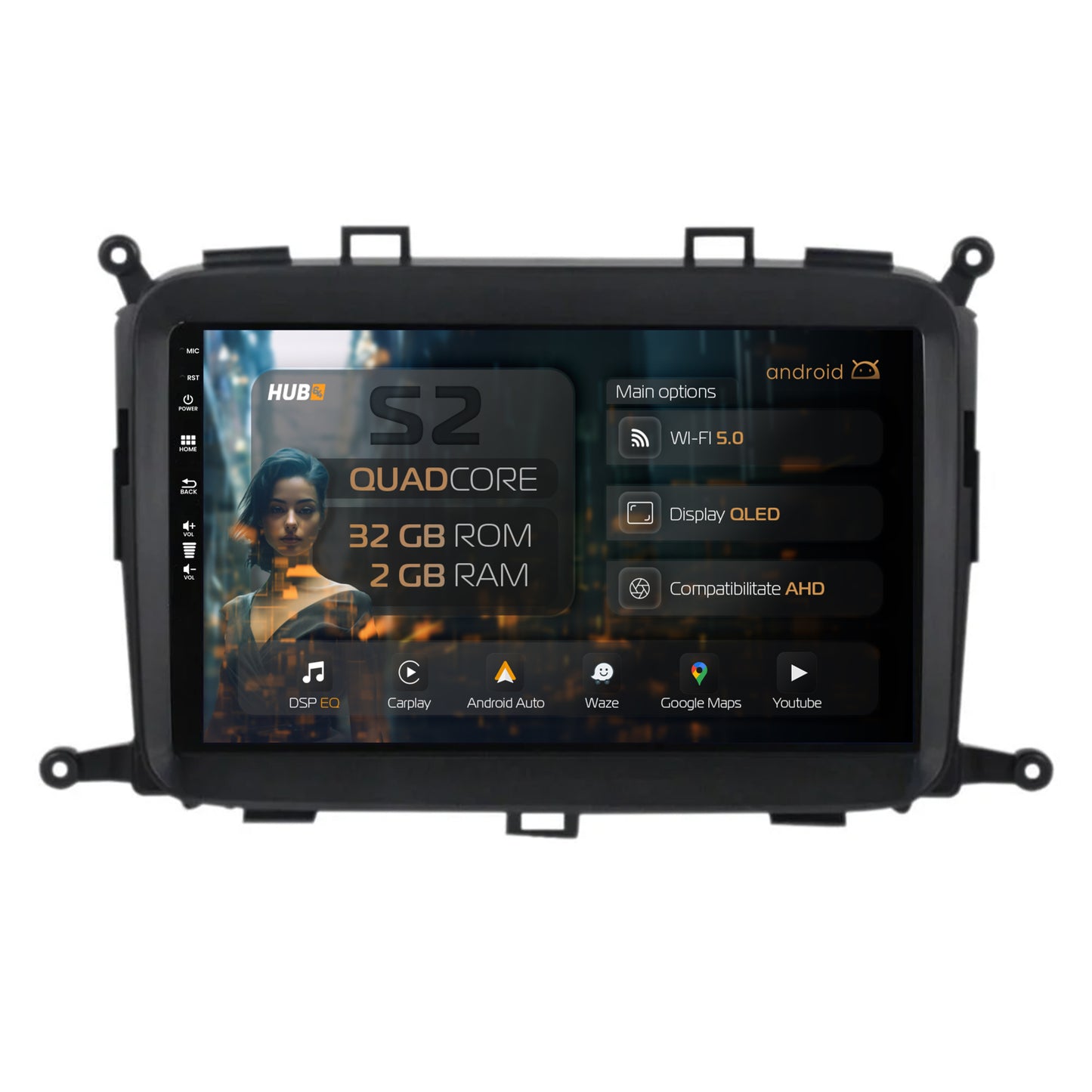 Navigatie HUB64 Kia Carens (2012-2017), 2GB RAM, Android, GPS, Wi-FI, Carplay, Android Auto, USB, Bluetooth, Radio, Waze, Touchscreen, 9 Inch