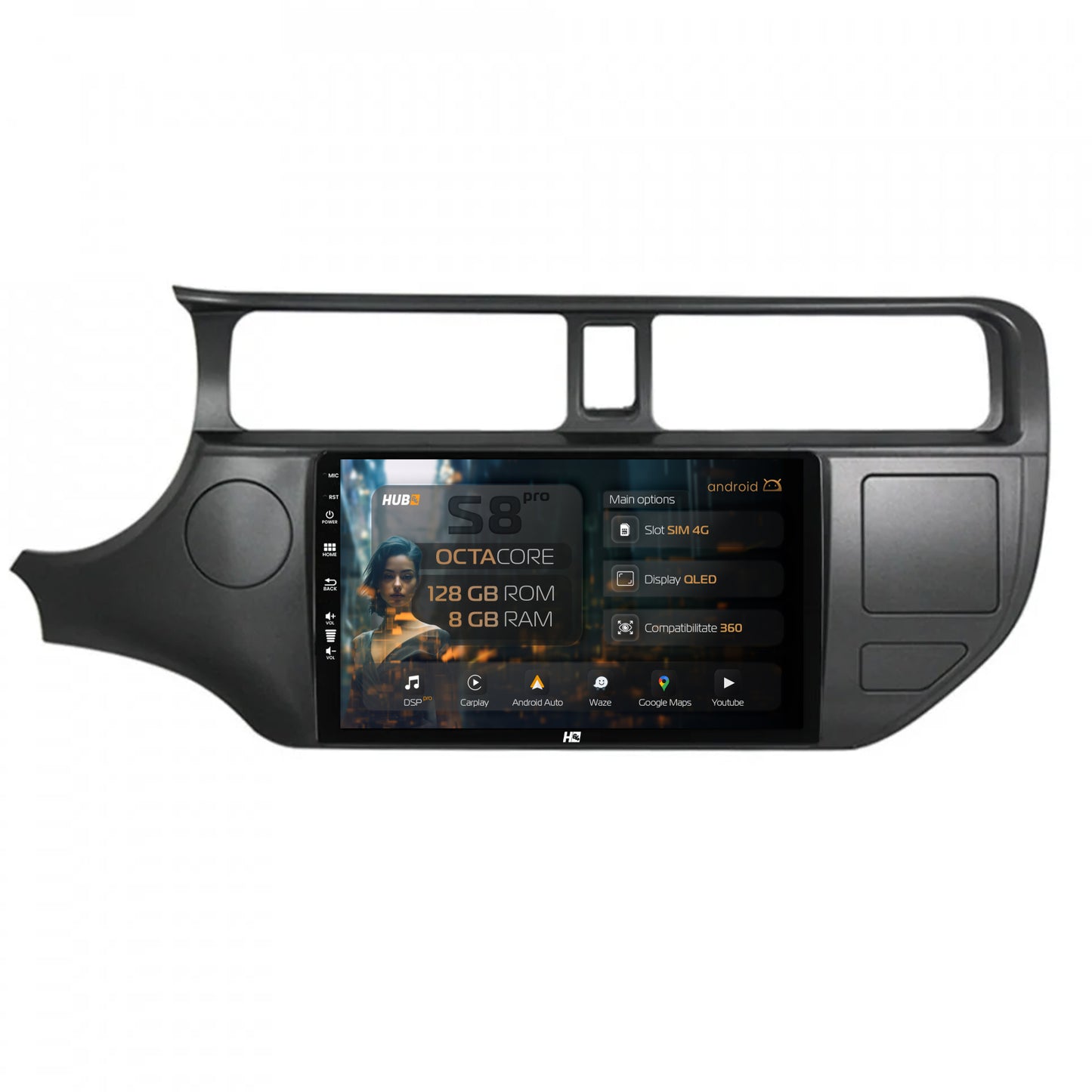 Navigatie HUB64 Kia Rio (2011-2014), 8GB RAM, Android, Octacore, Slot Sim 4G, DSP, GPS, Wi-FI, Carplay, Android Auto, USB, Bluetooth, Waze, Touchscreen, 9 Inch