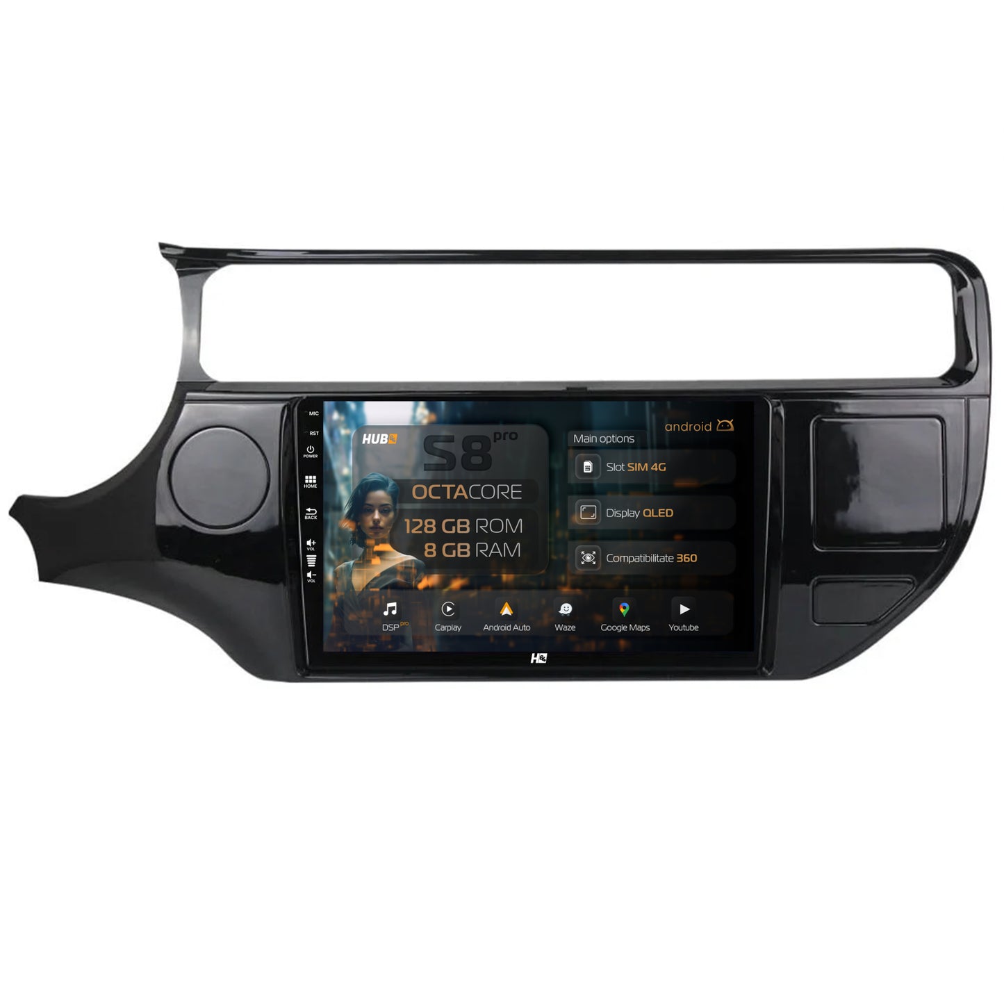 Navigatie HUB64 Kia Rio (2014-2017), 8GB RAM, Android, Octacore, Slot Sim 4G, DSP, GPS, Wi-FI, Carplay, Android Auto, USB, Bluetooth, Waze, Touchscreen, 9 Inch
