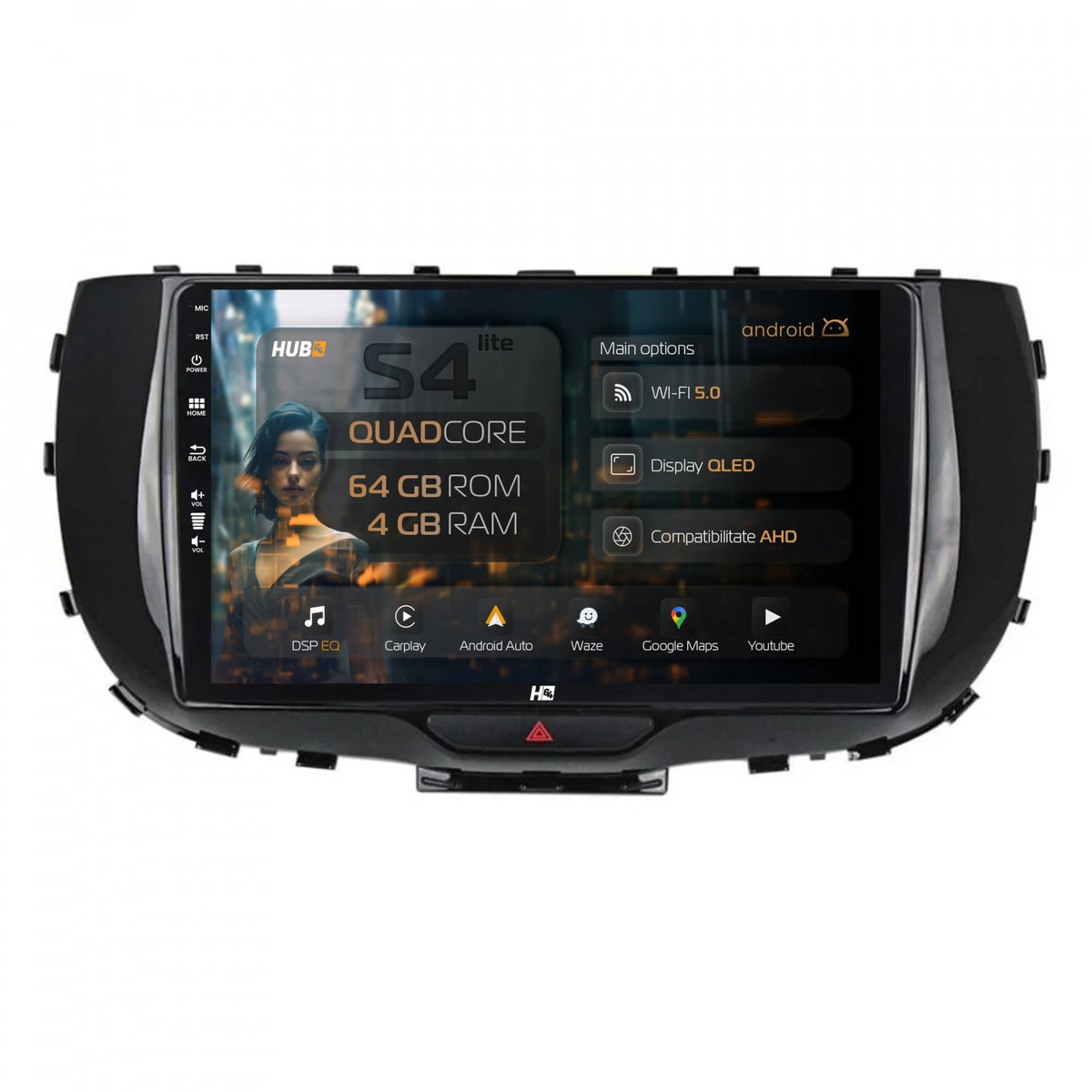 Navigatie HUB64 Kia Soul (2019+), 4GB RAM, Android, Quadcore, DSP, GPS, Wi-FI, Carplay, Android Auto, USB, Bluetooth, Waze, Touchscreen, 9 Inch