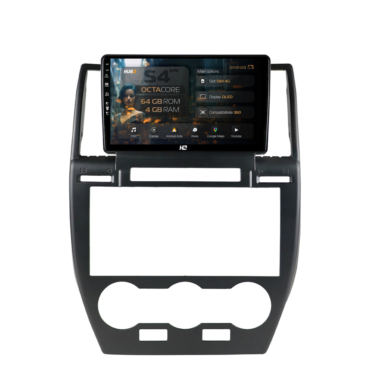 Navigatie HUB64 Land Rover Freelander 2 (2006-2012), 4GB RAM, Android, Octacore, Slot Sim 4G, DSP, GPS, Wi-FI, Carplay, Android Auto, USB, Bluetooth, Waze, Touchscreen, 9 inch