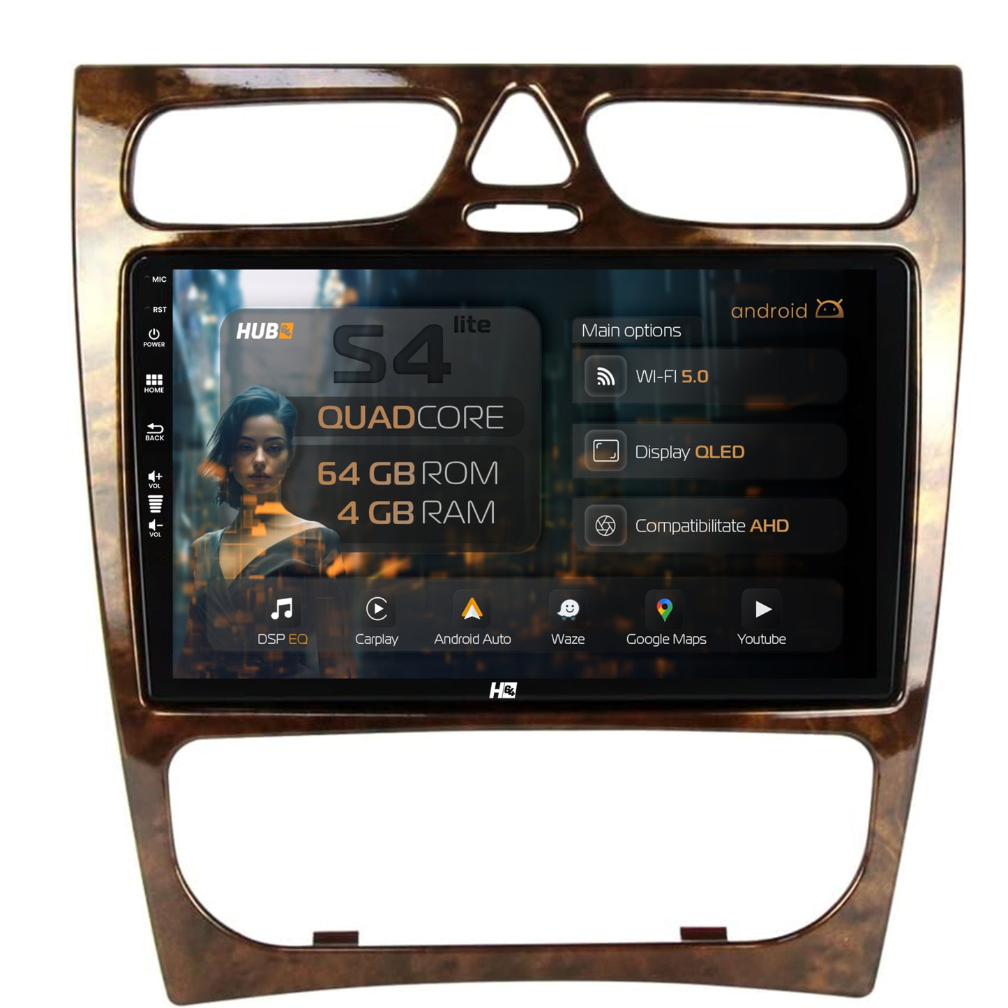 Navigatie HUB64 Mercedes Benz C Class (W203) (2000-2004), 4GB RAM, Android, Quadcore, DSP, GPS, Wi-FI, Carplay, Android Auto, USB, Bluetooth, Waze, Touchscreen, 9 inch