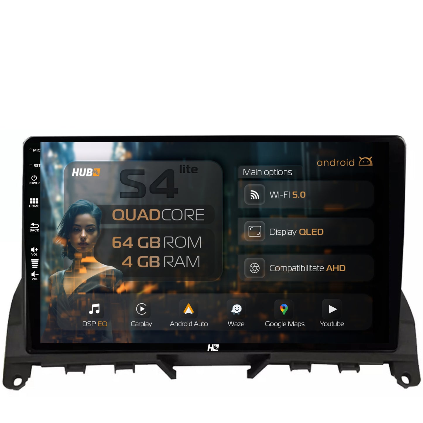Navigatie HUB64 Mercedes Benz C-Class W204 (2006-2012), 4GB RAM, Android, Quadcore, DSP, GPS, Wi-FI, Carplay, Android Auto, USB, Bluetooth, Waze, Touchscreen, 9 inch