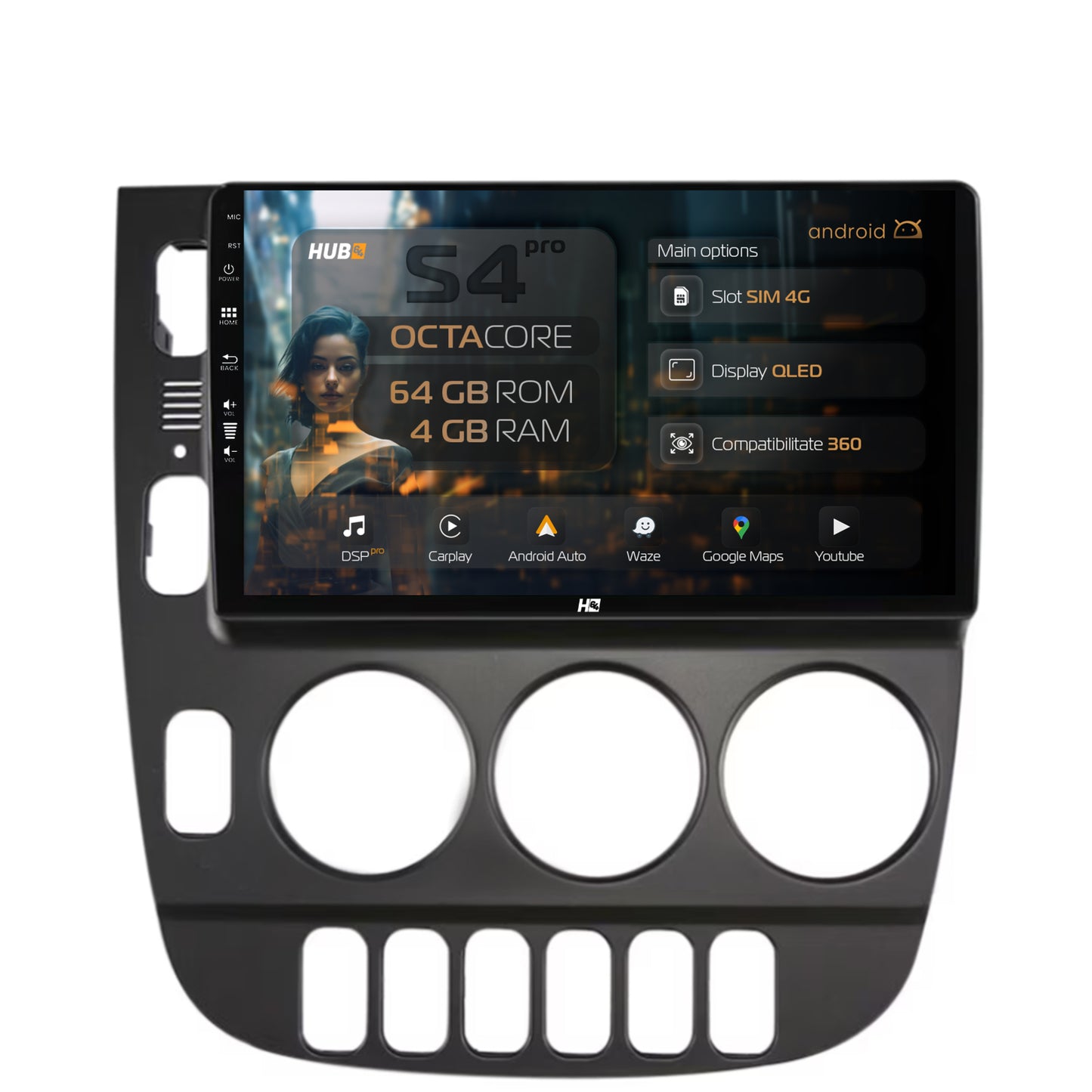 Navigatie HUB64 Mercedes Benz ML W163 (1998-2005), 4GB RAM, Android, Octacore, Slot Sim 4G, DSP, GPS, Wi-FI, Carplay, Android Auto, USB, Bluetooth, Waze, Touchscreen, 9 inch